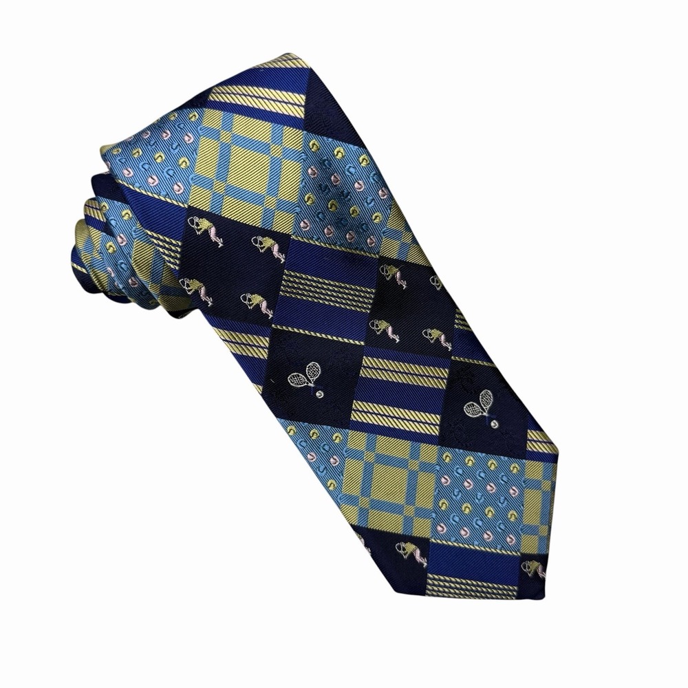 Lilly Pulitzer Palm Beach Patchwork Tie Tennis Players Rackets Silk 3 3/8" 61.5"